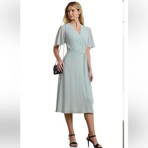 RALPH LAUREN Black Label Light Sage Wrap Midi Dress with Flutter Sleeves